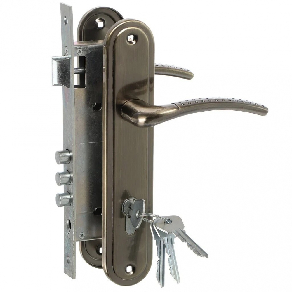 Фото Замок врезной цилиндровый с защёлкой в комплекте с ручкой ЗВ4-85.27 (ант.бронза), 4 кл.